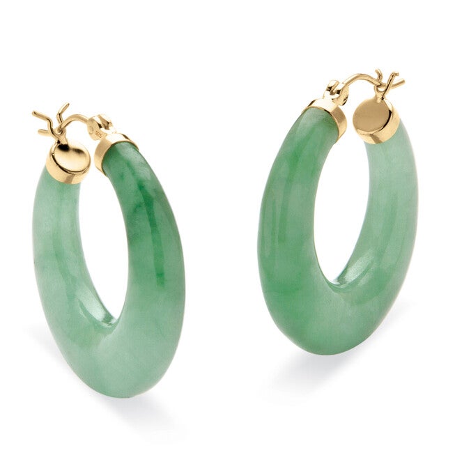 Green Jade Hoop Earrings in Gold-Plated Sterling Silver, , alternate image number 5