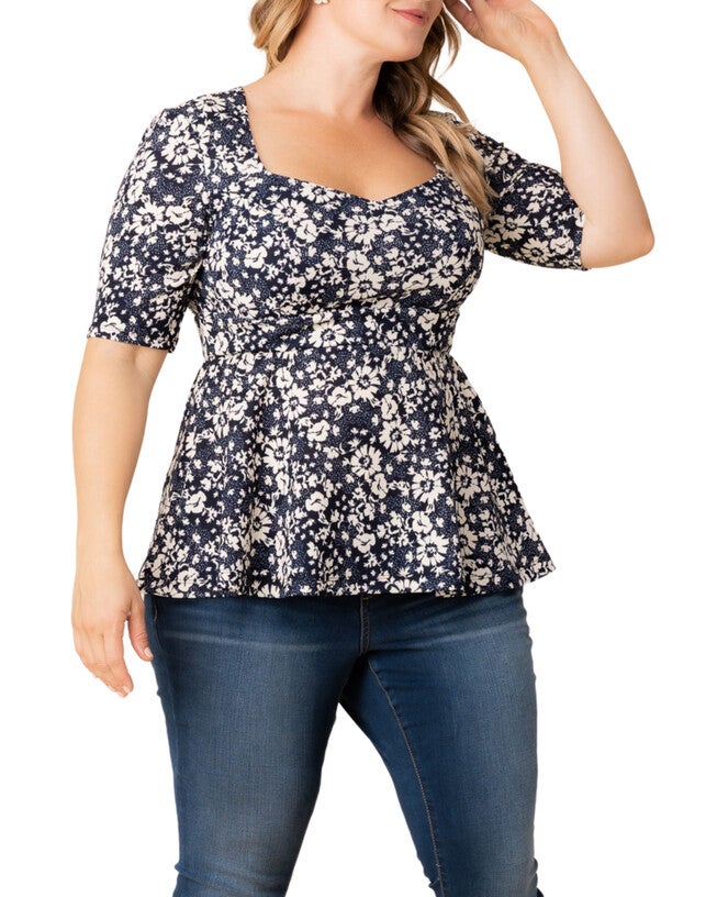 Posh Peplum Top, AEGEAN BLUE FLORALS / Navy, hi-res image number 0