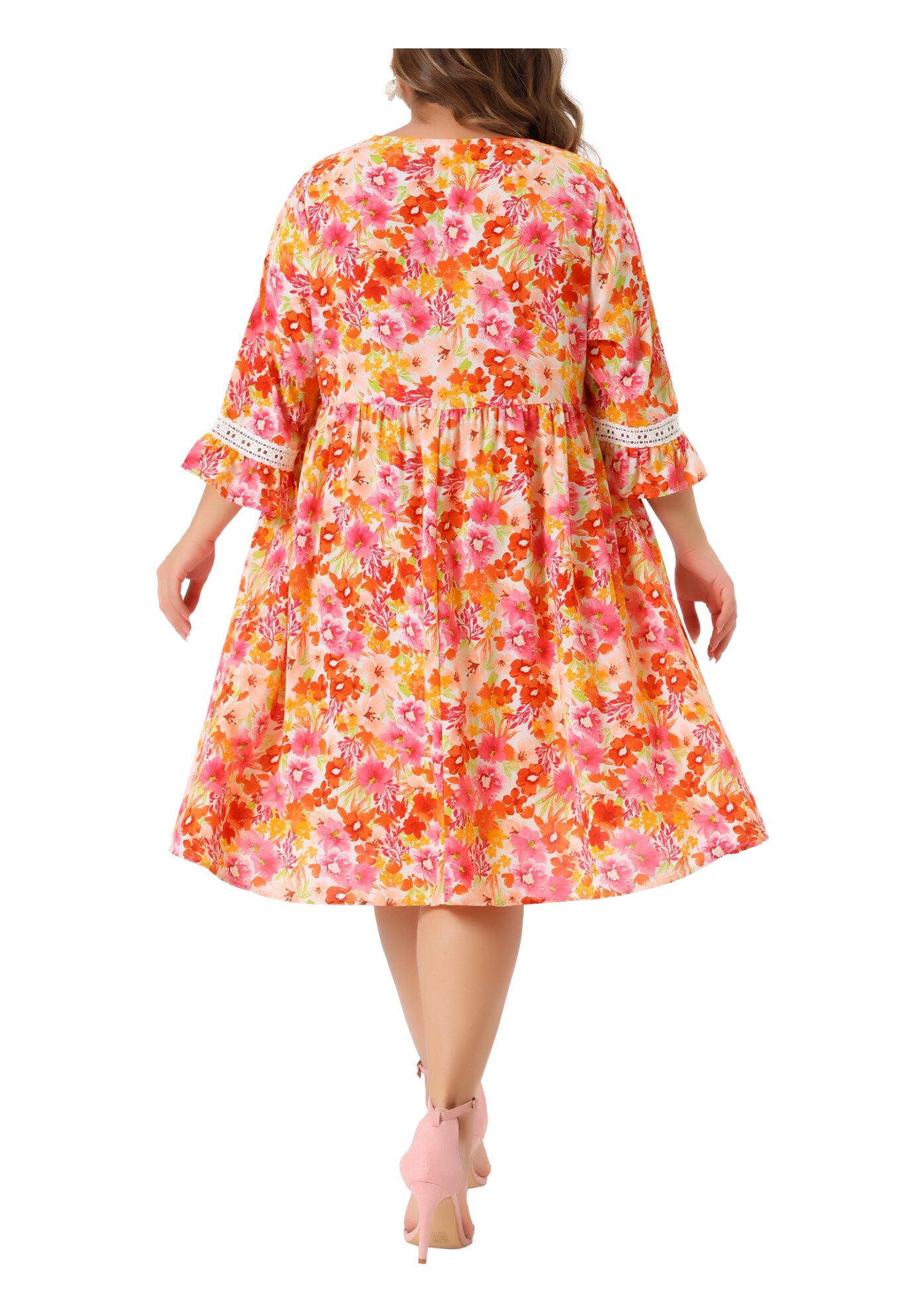 Vintage Lace Floral Ruffle V Neck 3/4 Sleeve Midi Babydoll Dress, Orange / Orange, alternate image number 3