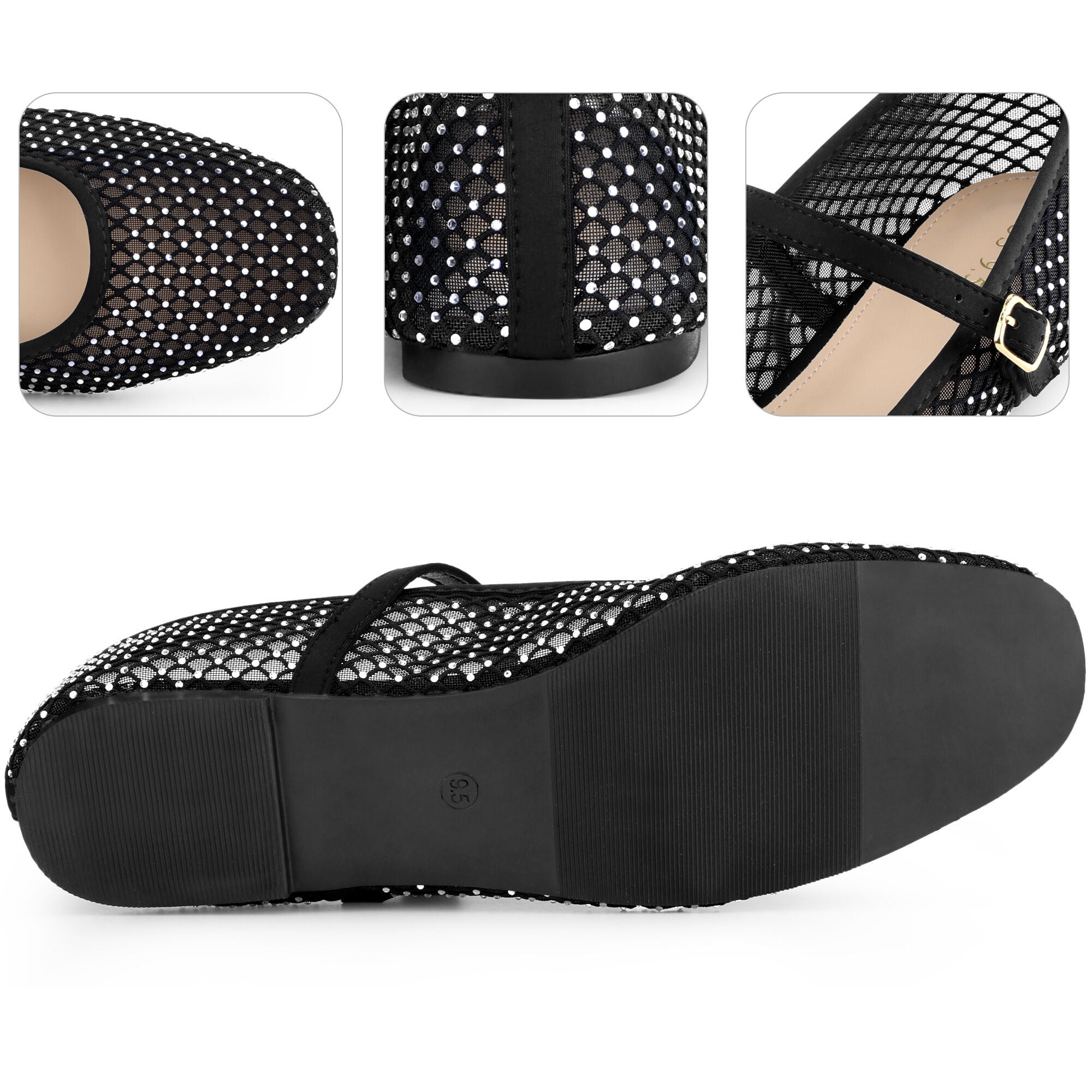 Rhinestone Mesh Flats Buckle Strap slip on Ballet Flat, Black / Black, alternate image number 3