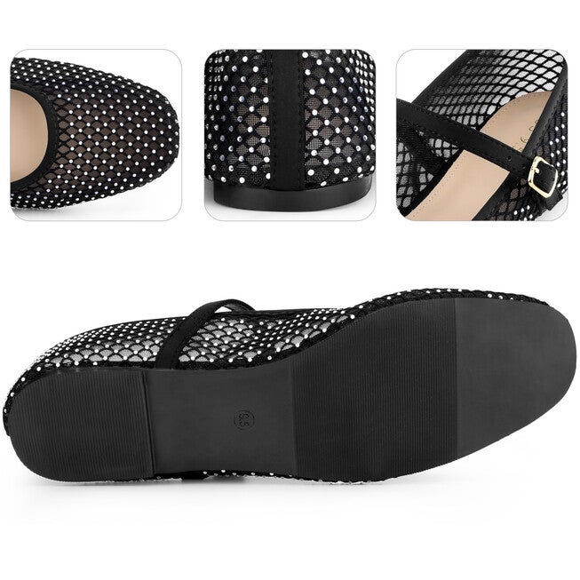 Rhinestone Mesh Flats Buckle Strap slip on Ballet Flat, Black / Black, alternate image number 3