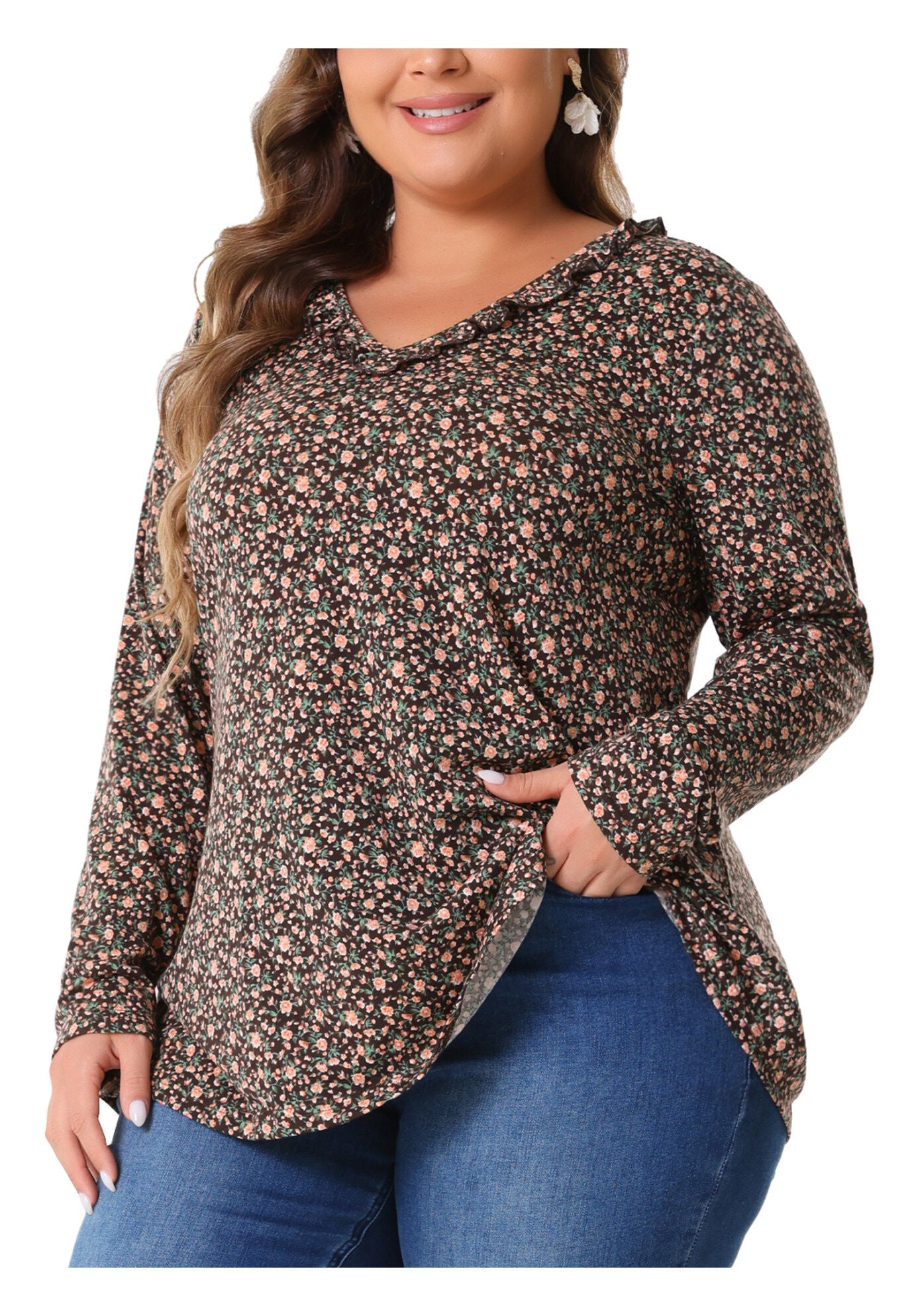 Floral V Neck Long Sleeve Ruffle Tunic Blouse Top, Brown Orange / Burnt Orange, alternate image number 1