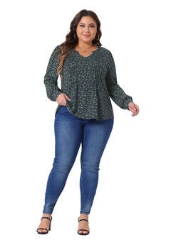 Long Sleeve Pleated Notch V Neck Floral Tunic Blouse