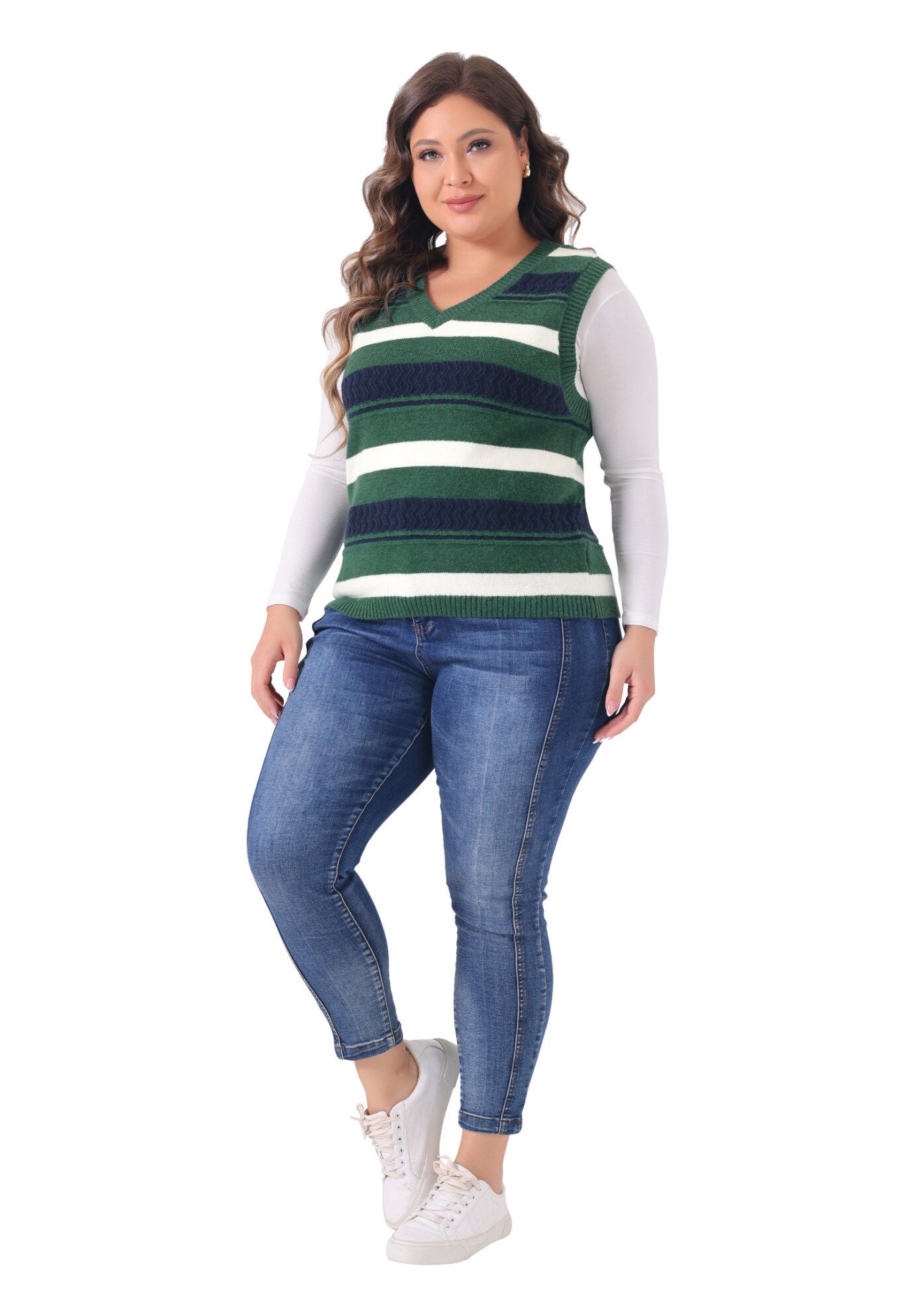 V Neck Striped Knit Casual Pullover Sweater Vest, Green / Hunter Green, hi-res image number 0