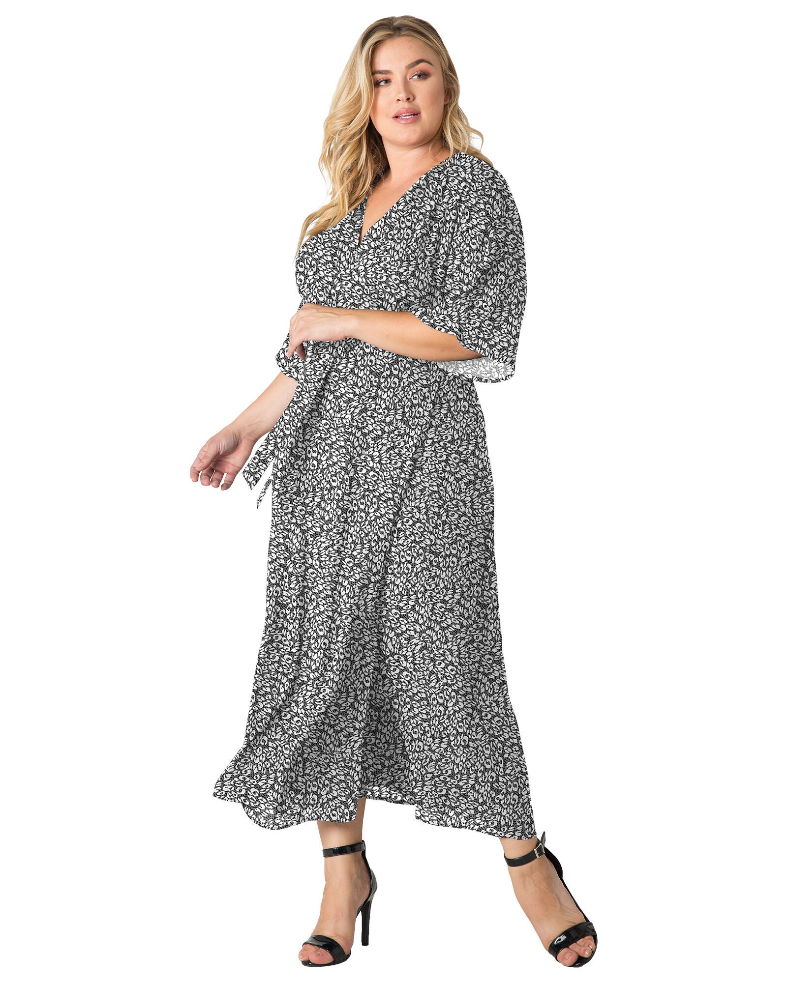 Plus Size Olivia Kimono Wrap Maxi Dress, Smoke Leopard / Light Grey, hi-res image number 0