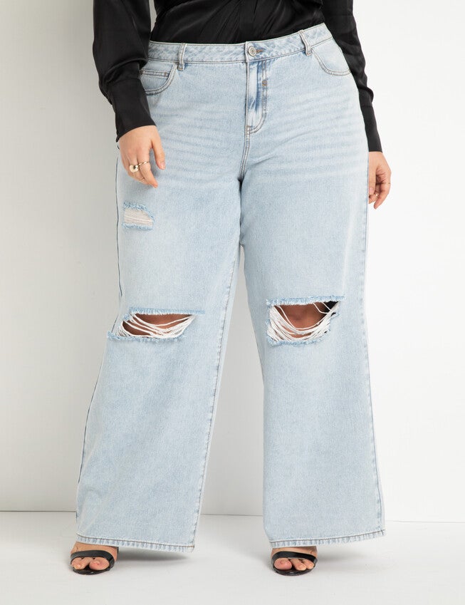Wide Leg Distressed Jeans- Light Wash, Light Wash / Light Wash, hi-res image number 0