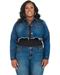 Plus Size Kaye Indigo Tinted Cropped Denim Jacket - Frayed Hem & Hanging Strap Detail