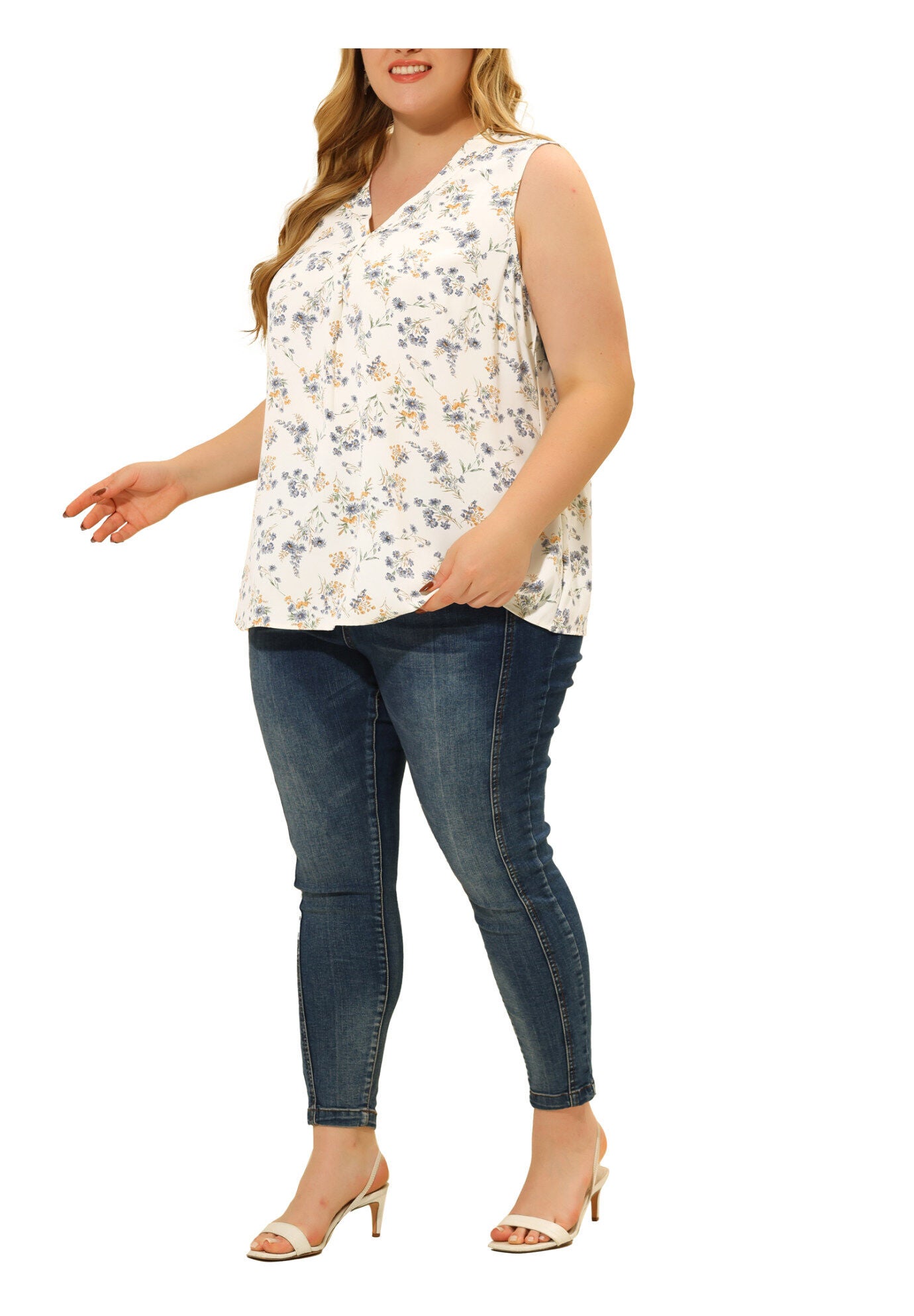 Floral Blouse Sleeveless Tank Top, White / White, alternate image number 1