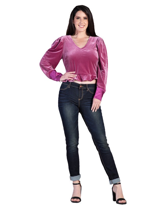Plus Size Stretch Velvet Peplum Top, Rose / Pink, alternate image number 1