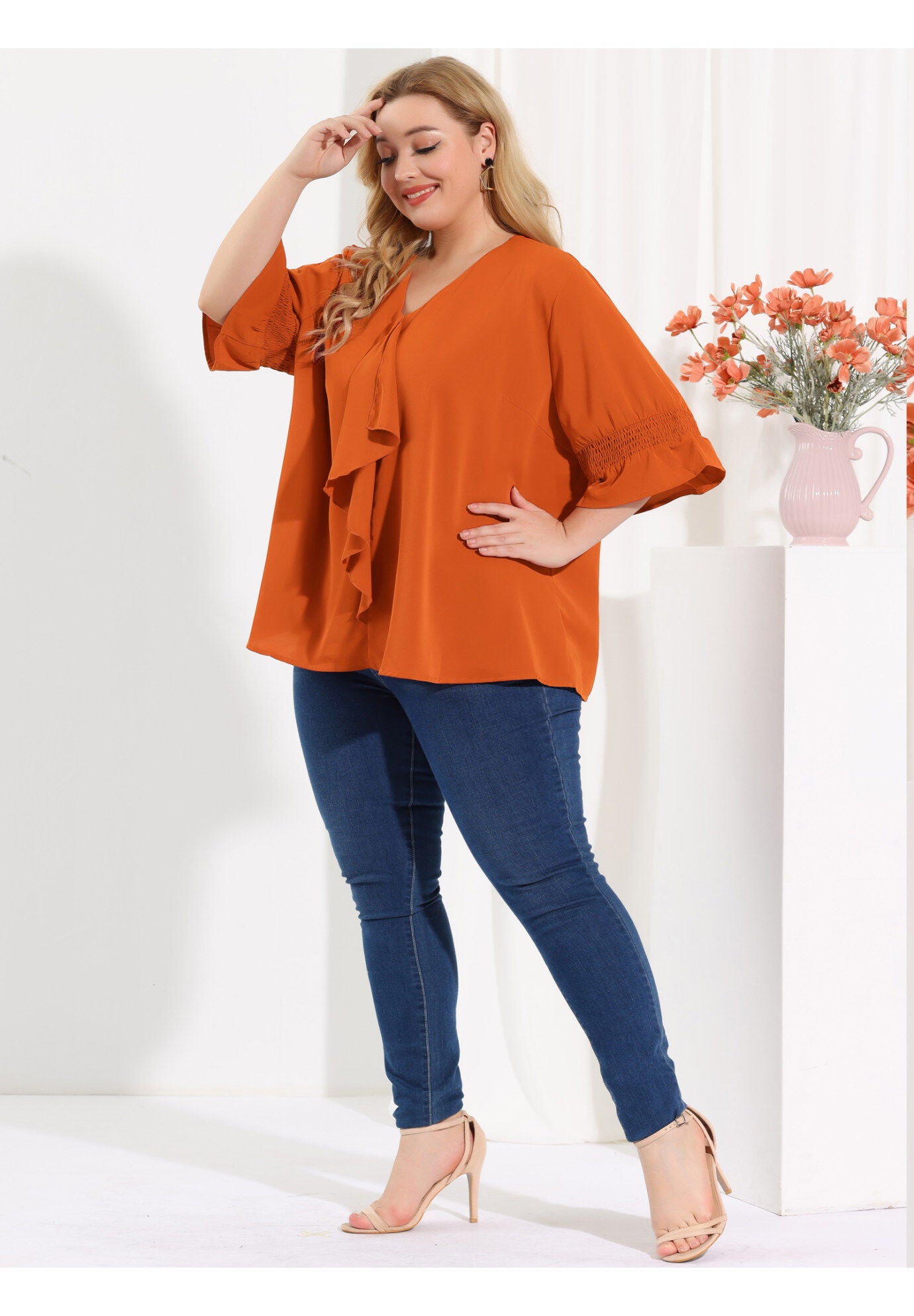 Ruffle Blouse V Neck Smocked Sleeves Top, Caramel / Orange, hi-res image number 0