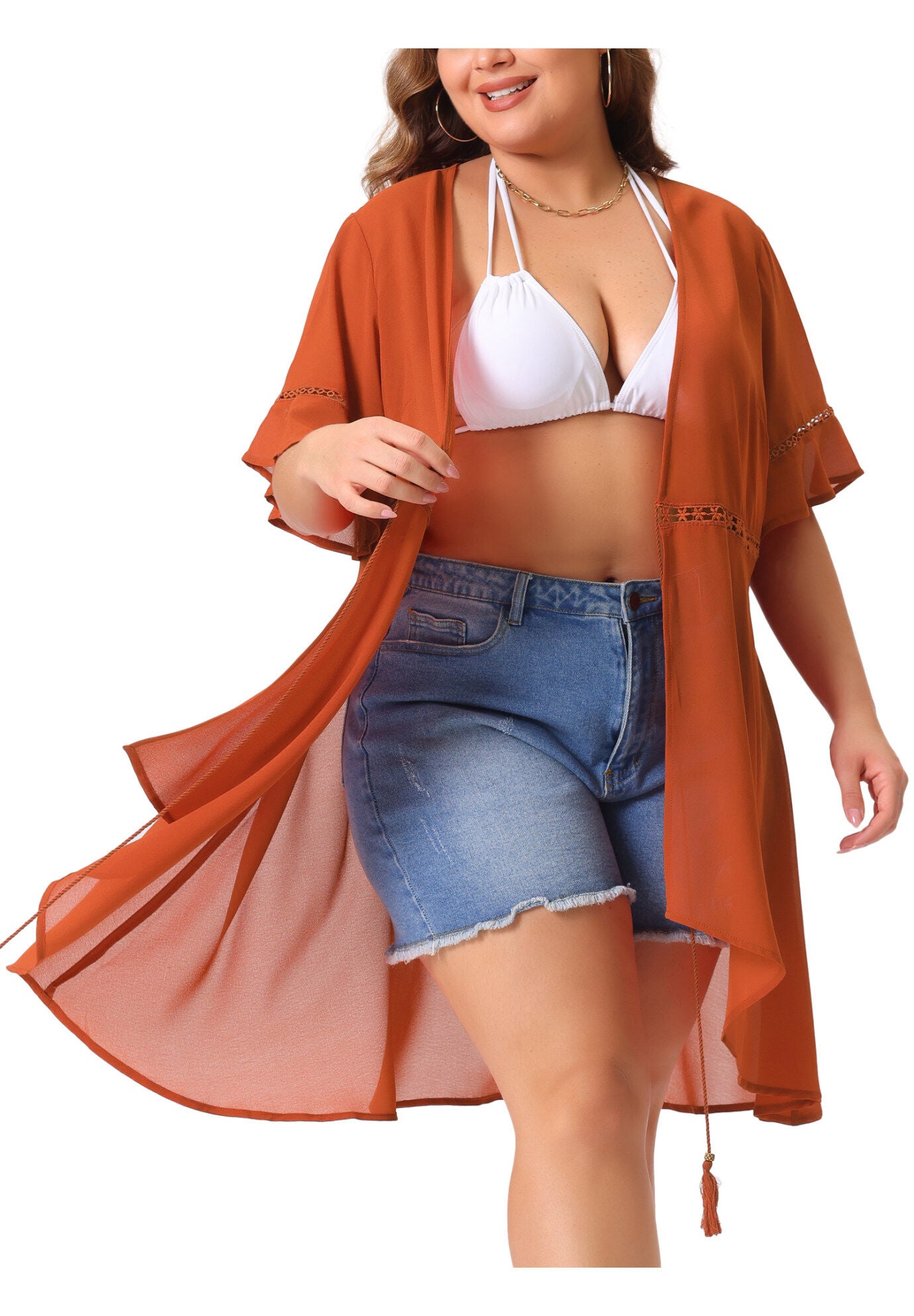 BIKINI COVER UP SHORT SLEEVE TASSEL TIE WAIST KIMONO, Caramel / Brown, alternate image number 1