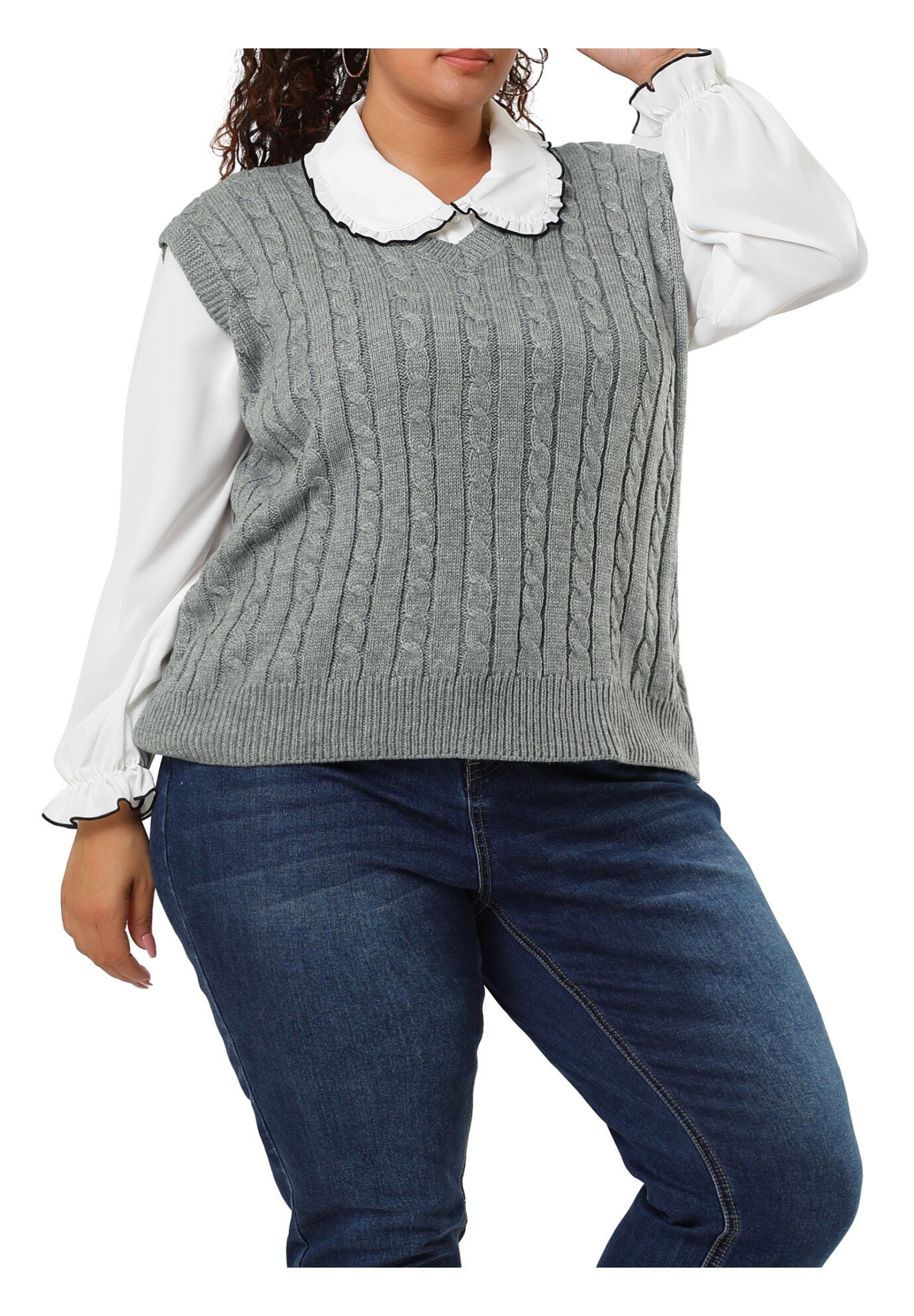 V Neck Cable Knit Sweater Sleeveless Pullover Sweater Vest, Gray / Cool Gray, alternate image number 2