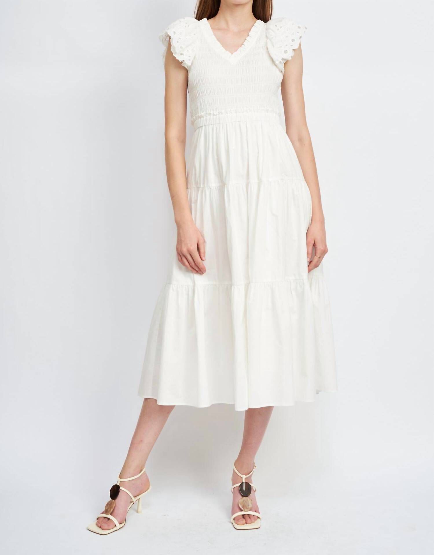 ALANA SMOCKED MIDI DRESS IN WHITE, White / White, hi-res image number 0