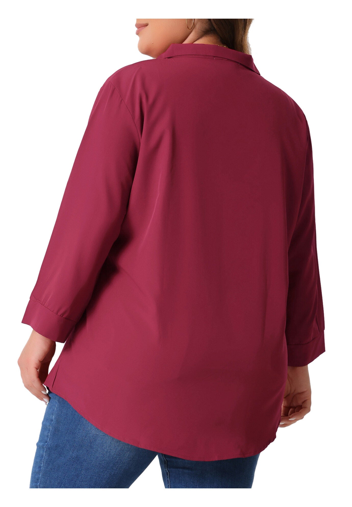 V Neck 3/4 Sleeve Flowy Blouse Work Chiffon Shirt, Burgundy / Burgundy, alternate image number 3