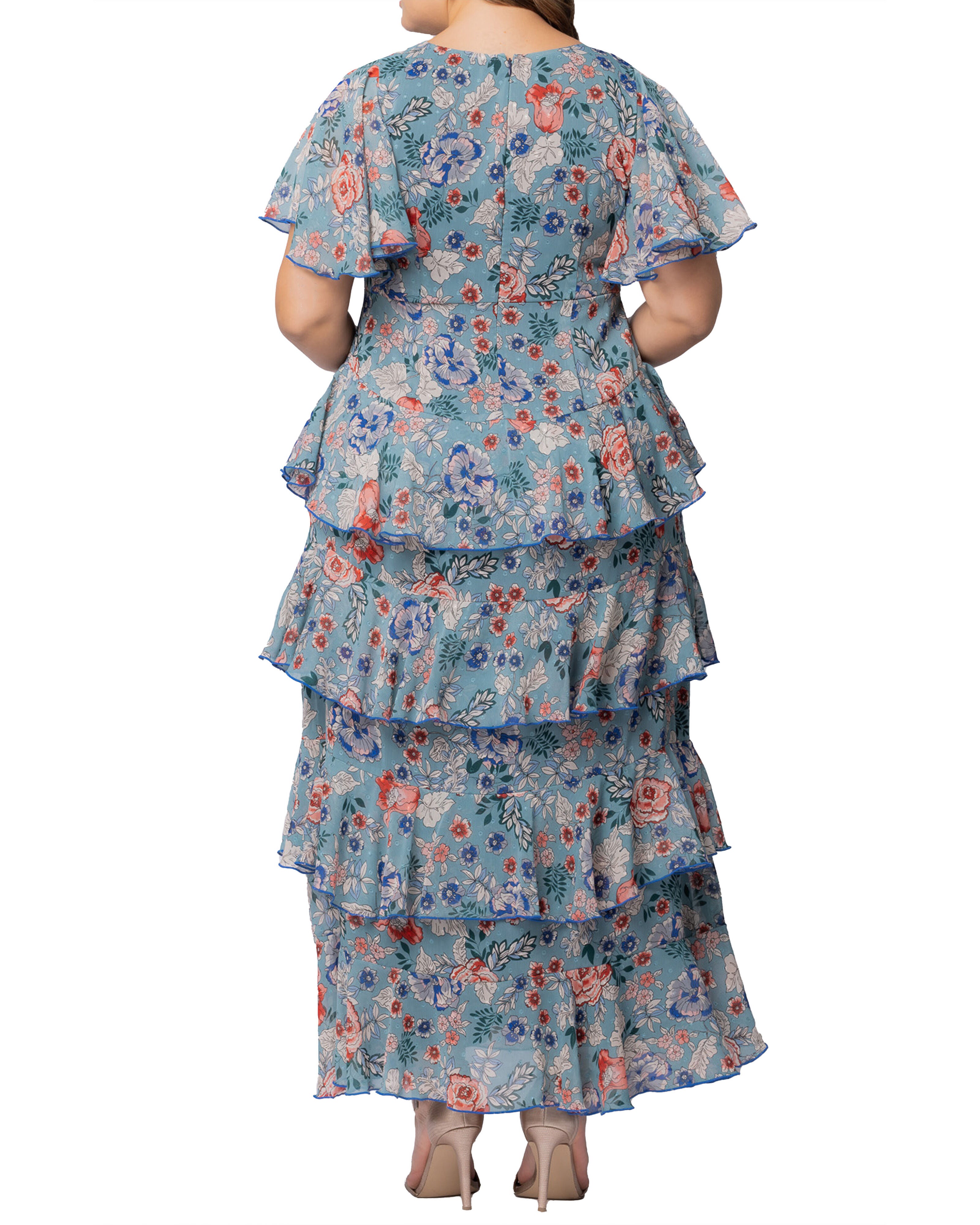 Tour de Flounce Chiffon Evening Gown, BLUE GARDEN PRINT / Azure Blue, alternate image number 1