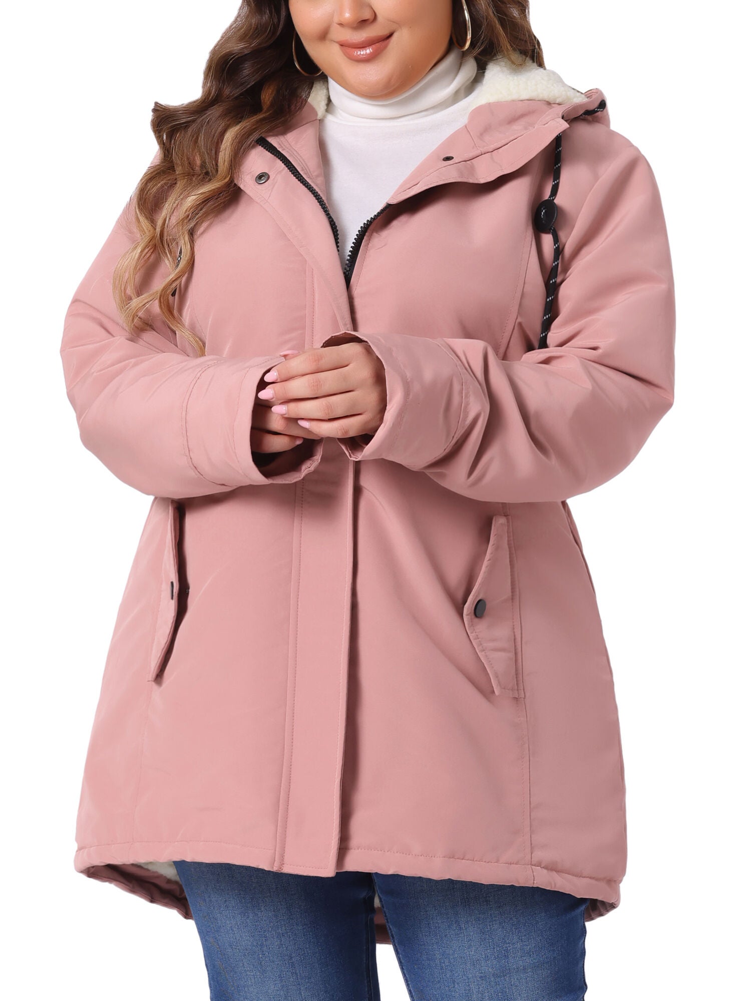 Faux Lamb Fur Leather Button Down Hoodie Parka Coat, Pink / Pink, alternate image number 1
