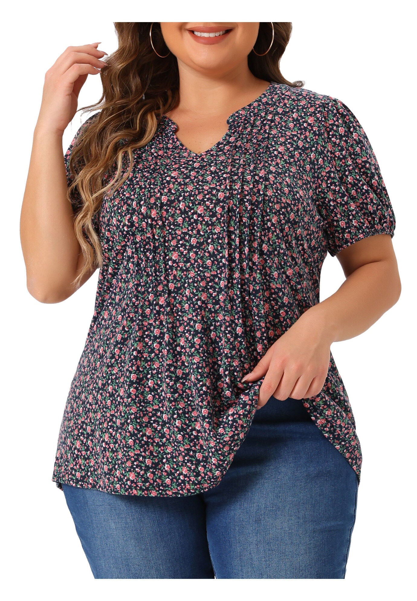 Short Sleeve Pleated T-Shirts Notched V Neck Blouse Floral Top, Navy Blue / Navy, alternate image number 2