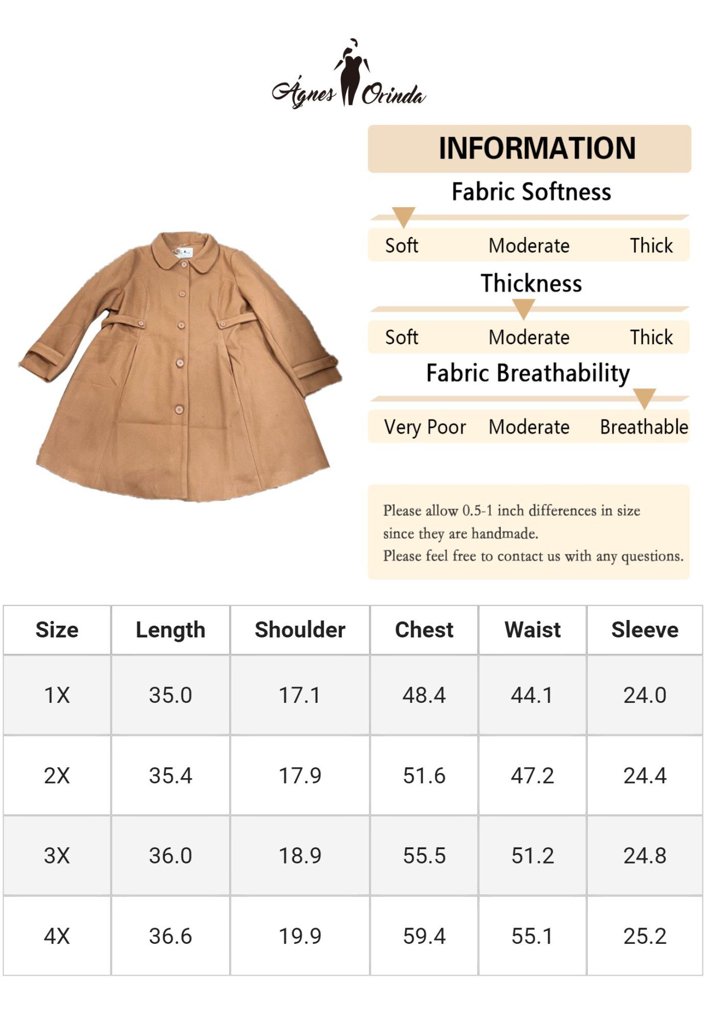 Peter Pan Collar Cuff Single Breasted Trench Long Coat, Camel / Brown, alternate image number 3