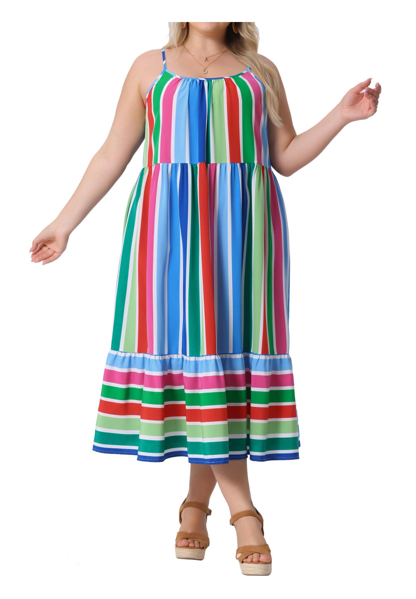 Summer Sleeveless Adjustable Straps Striped Loose Midi Cami Dress, Green Red / Light Blue, alternate image number 1