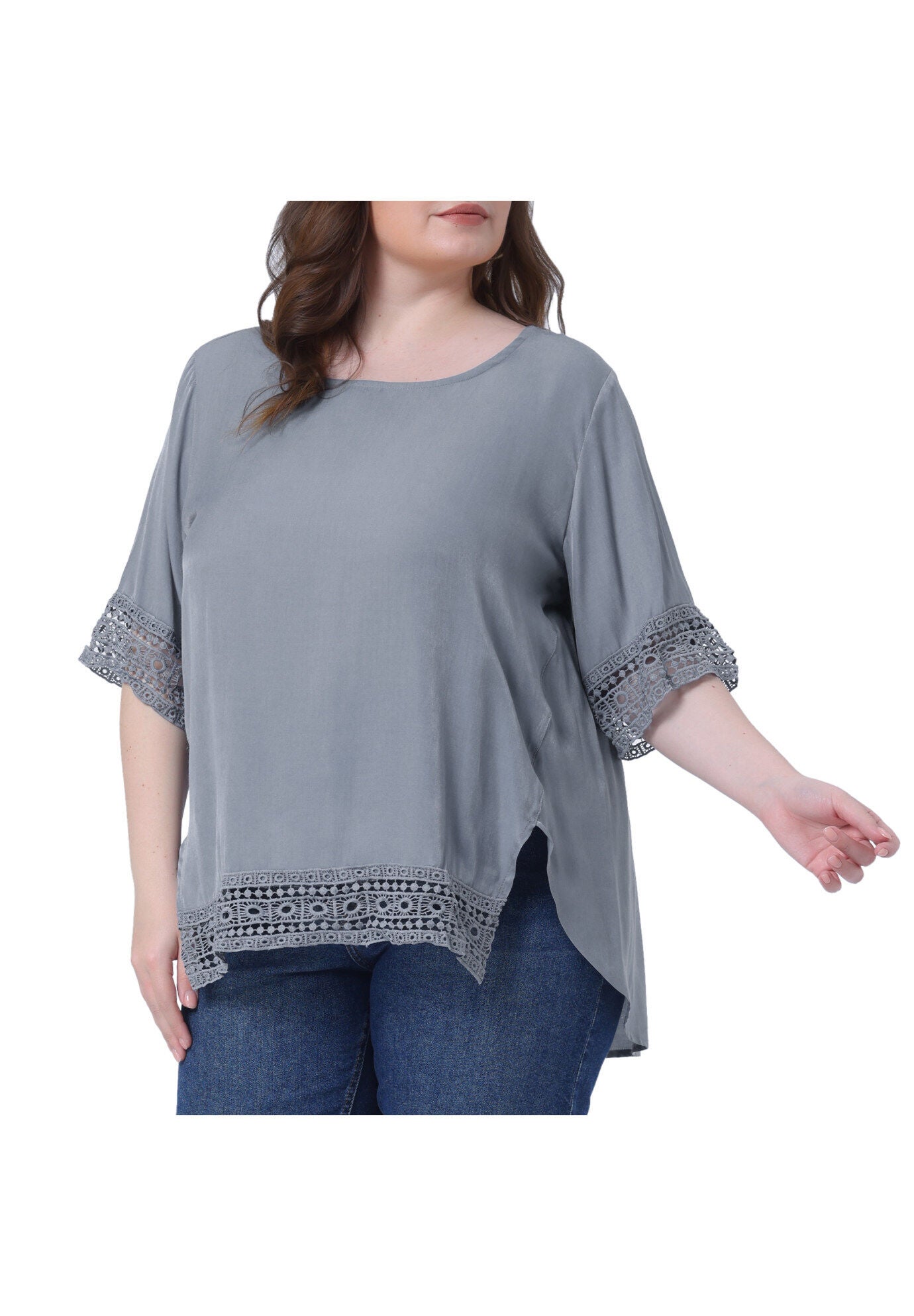 Crewneck Lace Crochet Short Sleeve Casual Loose Top, Light Gray / Light Grey, alternate image number 1