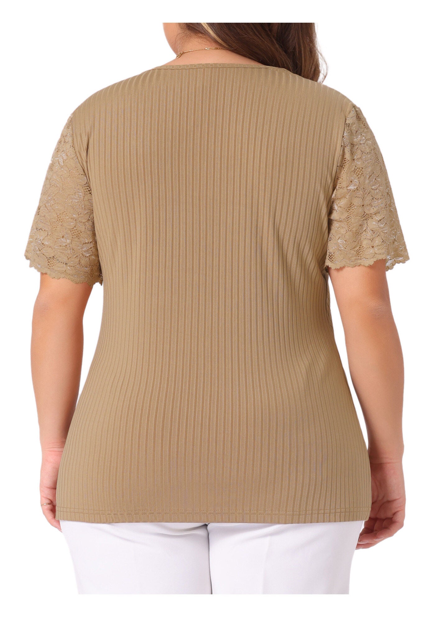 V Neck Short Sleeve Lace Ribbed Knit Tunic Top, Brown / Brown, alternate image number 3