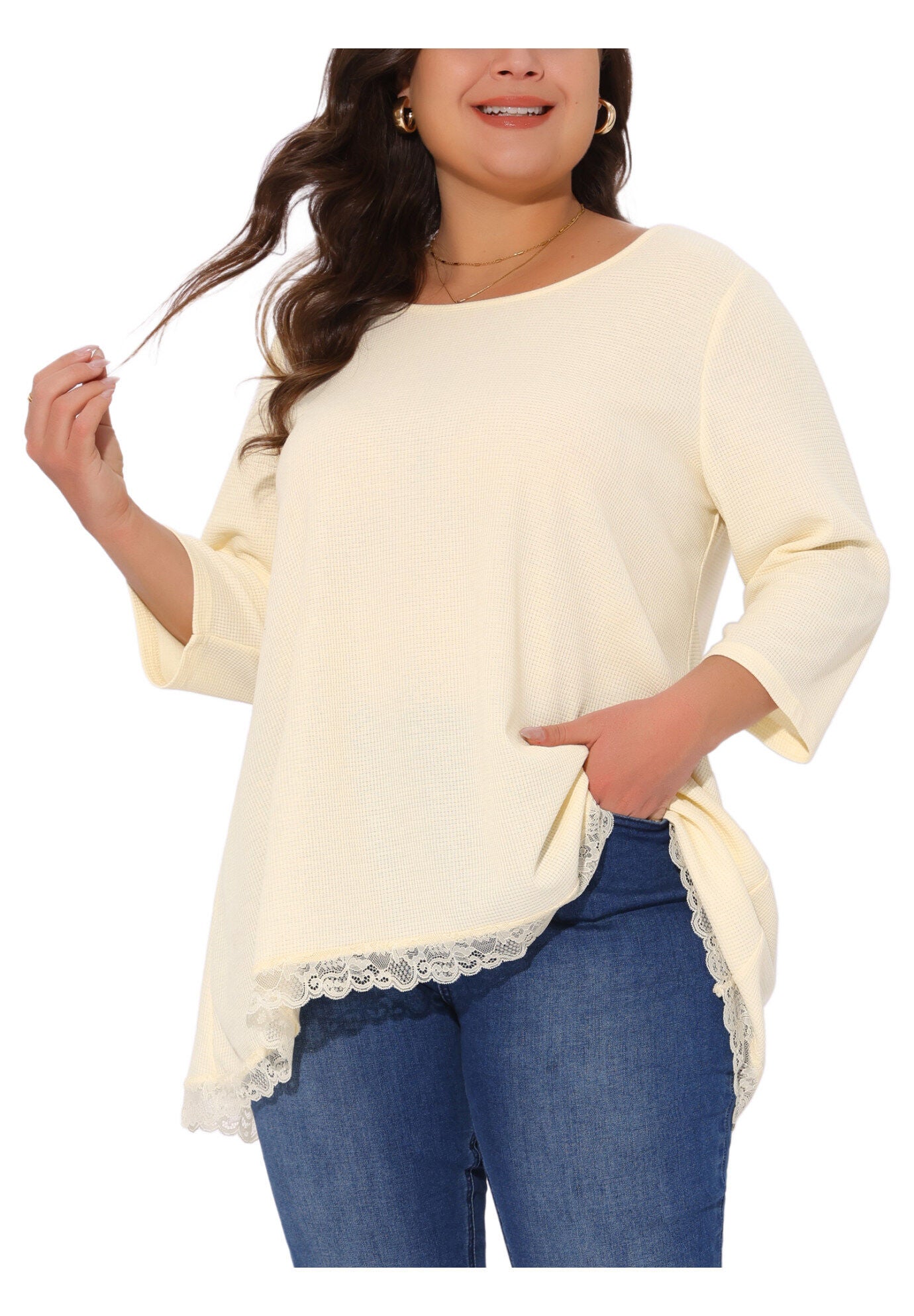 Waffle 3/4 Sleeve Lace Panel Loose High Low Hem Blouse Top, Beige / Beige, alternate image number 2