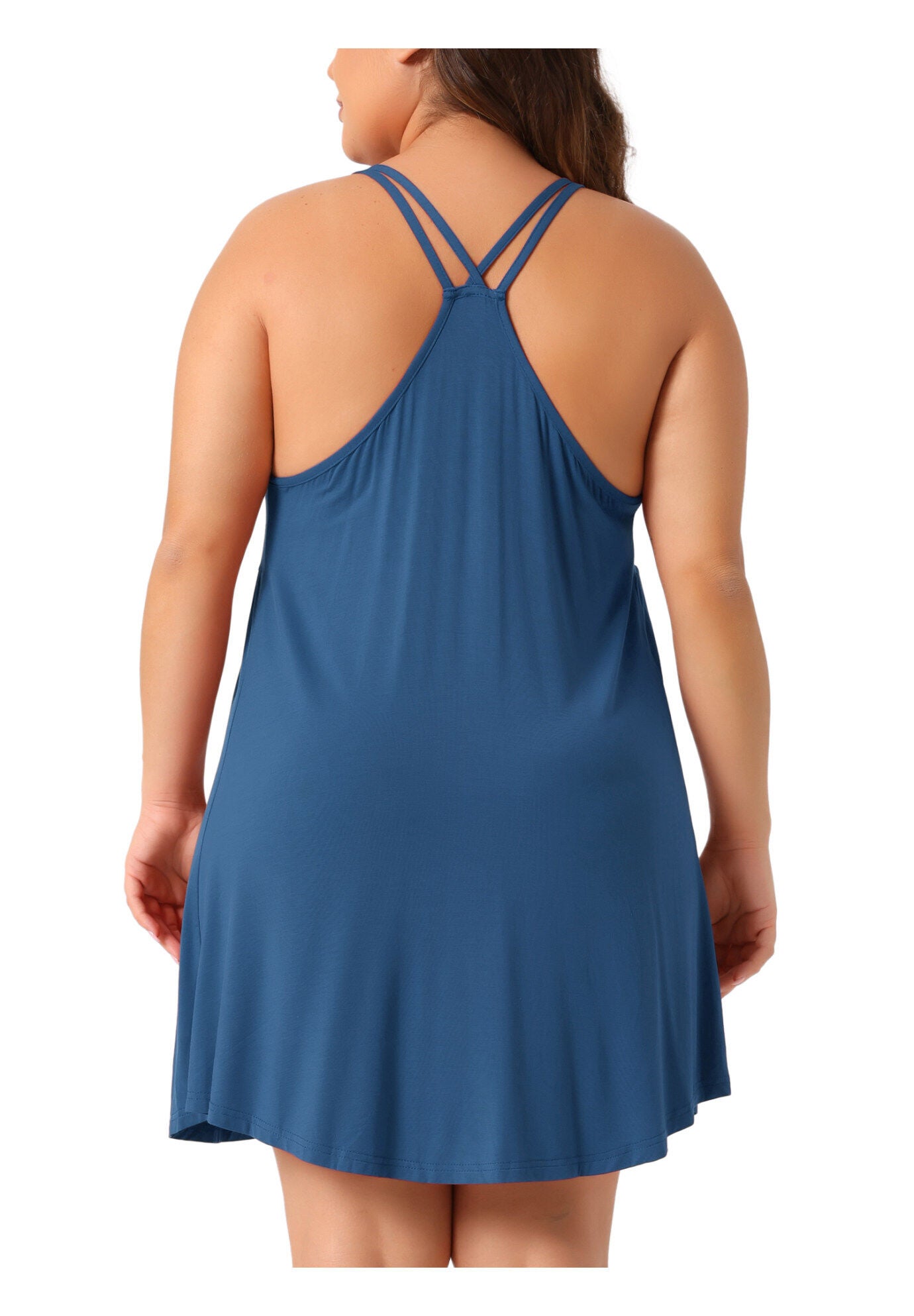 Spaghetti Strap V Neck Sleeveless Racerback Chemise Nightdress, Blue / Royal Blue, alternate image number 3