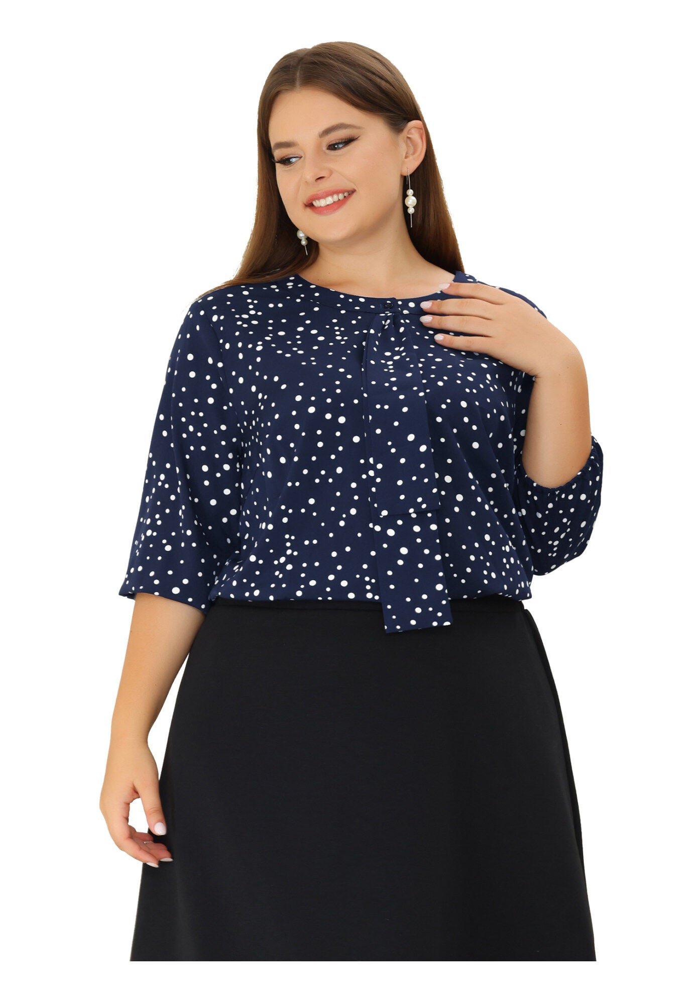 Work Round Neck Ruffle Chiffon Blouse Top, Blue White / Navy, alternate image number 2