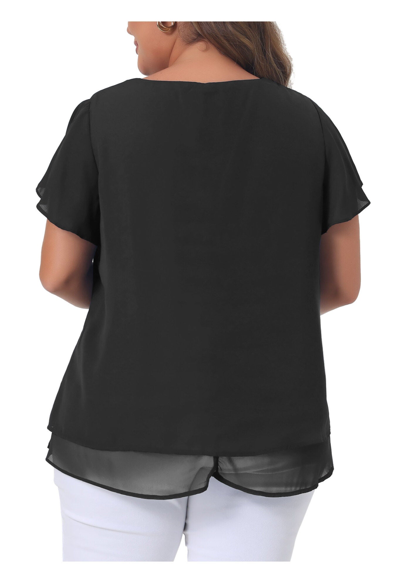 Summer Top Ruffle Short Sleeve V Neck Double Layered Hem Chiffon Blouse, Black / Black, alternate image number 3