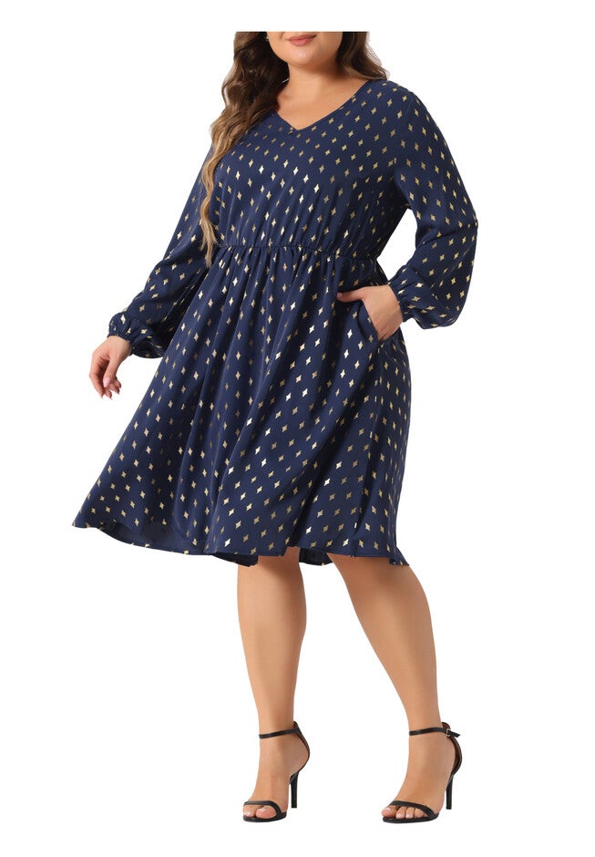V Neck Long Sleeve with Pocket Gilding Metallic Dress, Dark Blue / Navy, alternate image number 1