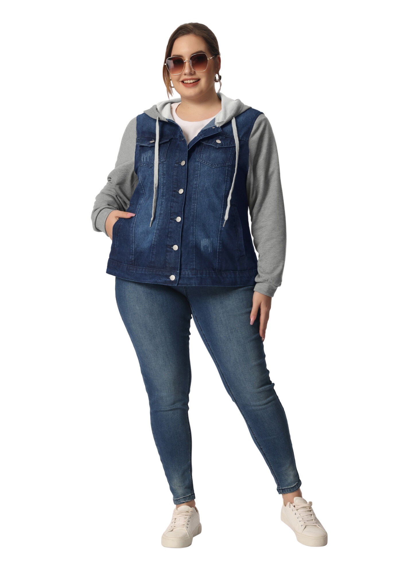 LAYERED DRAWSTRING HOODIE DENIM JEAN JACKET, Black Blue / Navy, hi-res image number 0