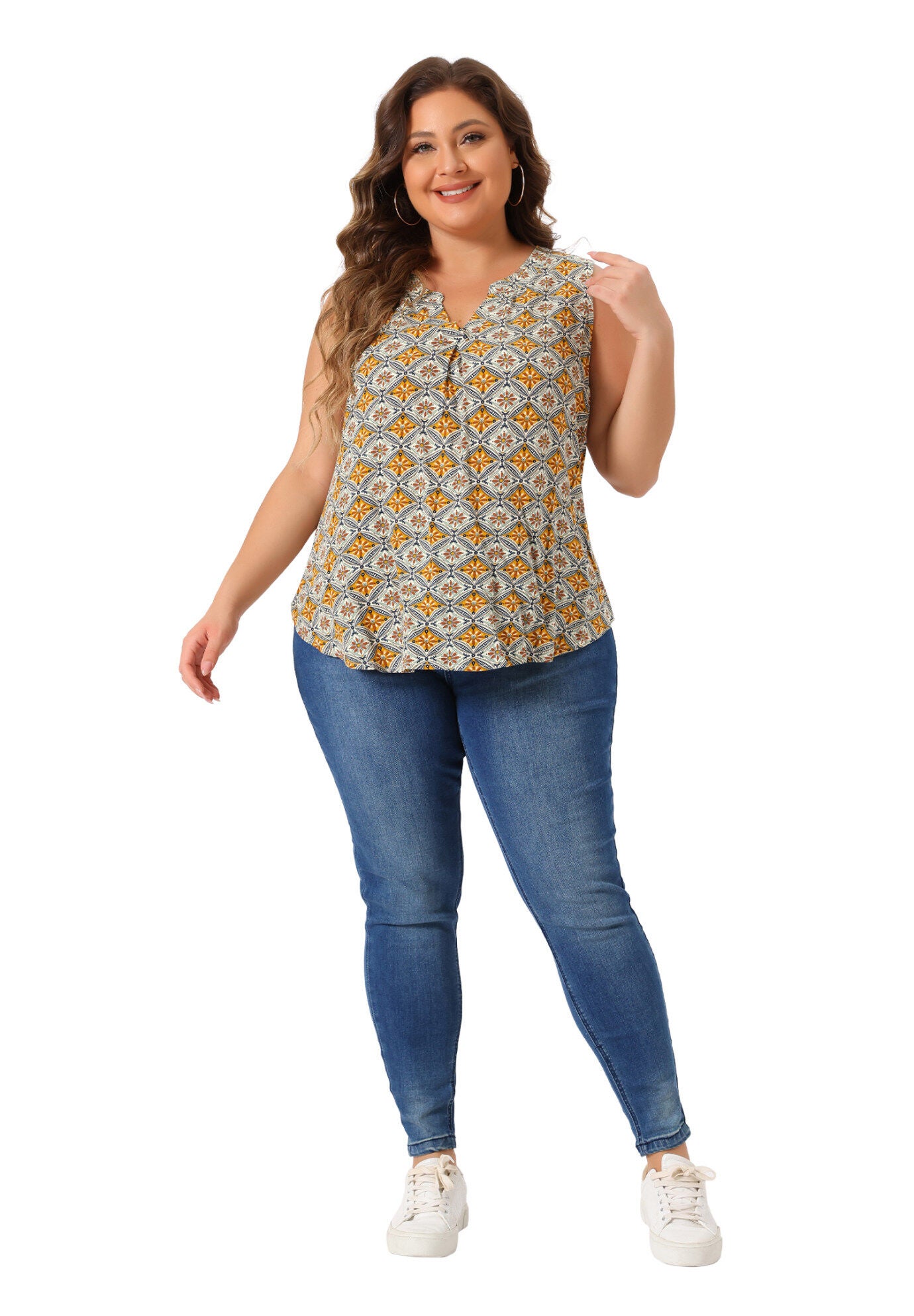 Sleeveless Floral Print V Neck Tunic Tank Top, Brown / Brown, hi-res image number 0