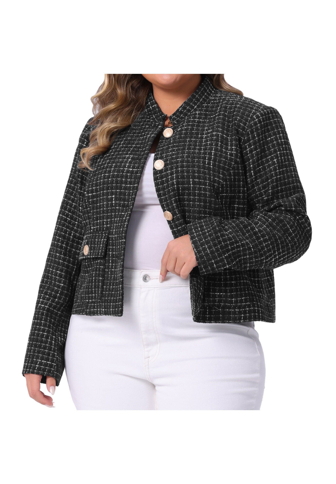 Tweed Long Sleeve Casual Cropped Jacket with Pockets, Black / Black, alternate image number 1
