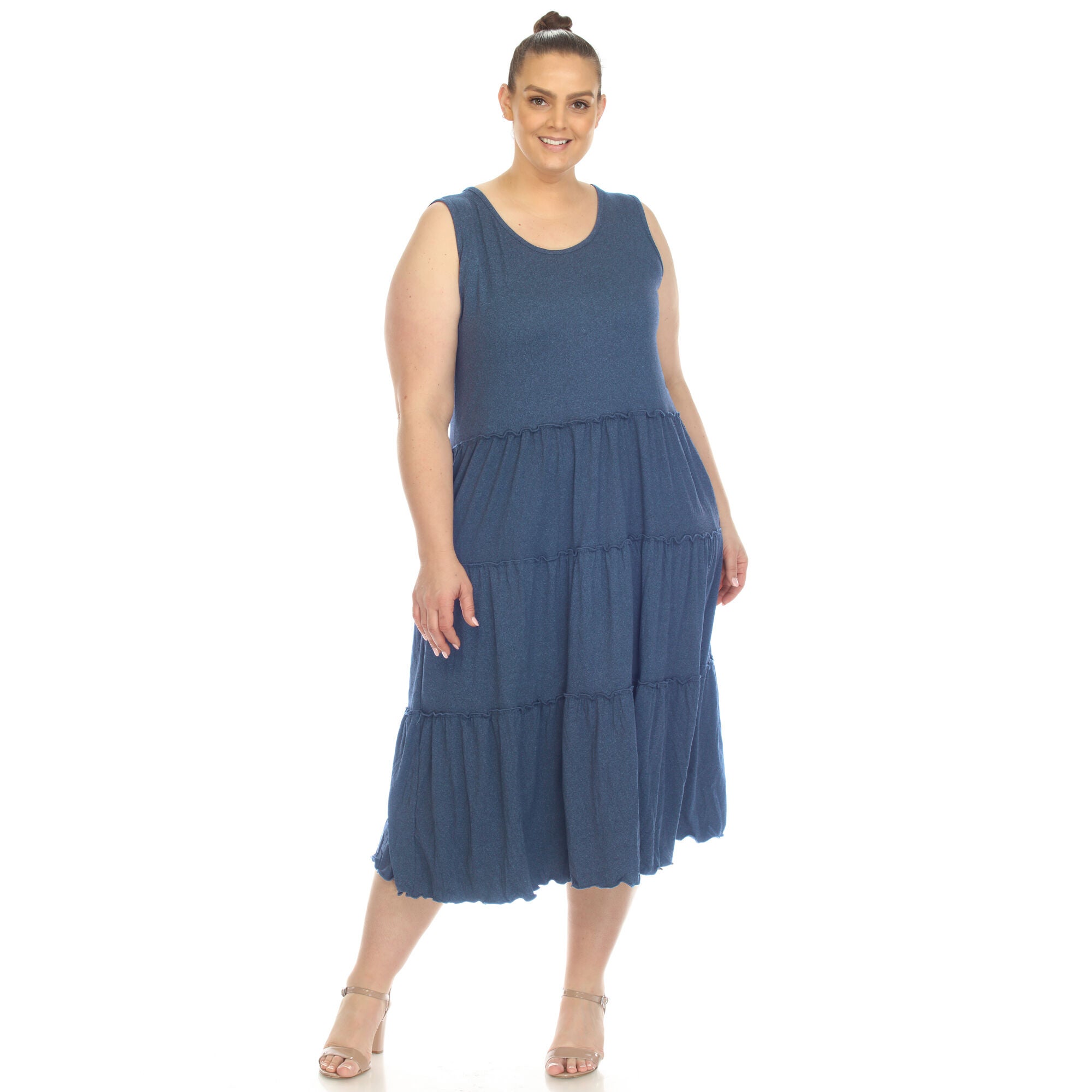 Scoop Neck Tiered Midi Dress, Denim Blue / Chambray Denim Medium, hi-res image number 0