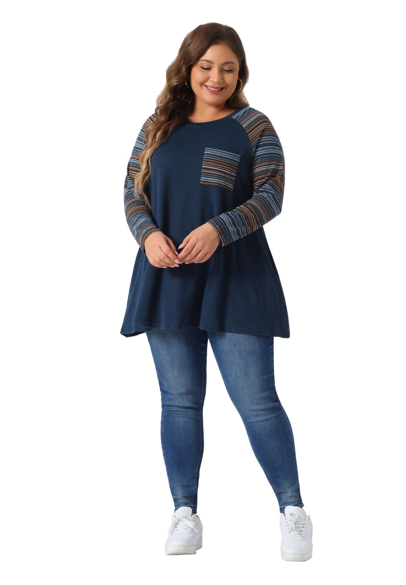 Raglan Color Block Knit Pullover Shirt Tunic Top with Pockets, Navy Blue / Navy, hi-res image number 0