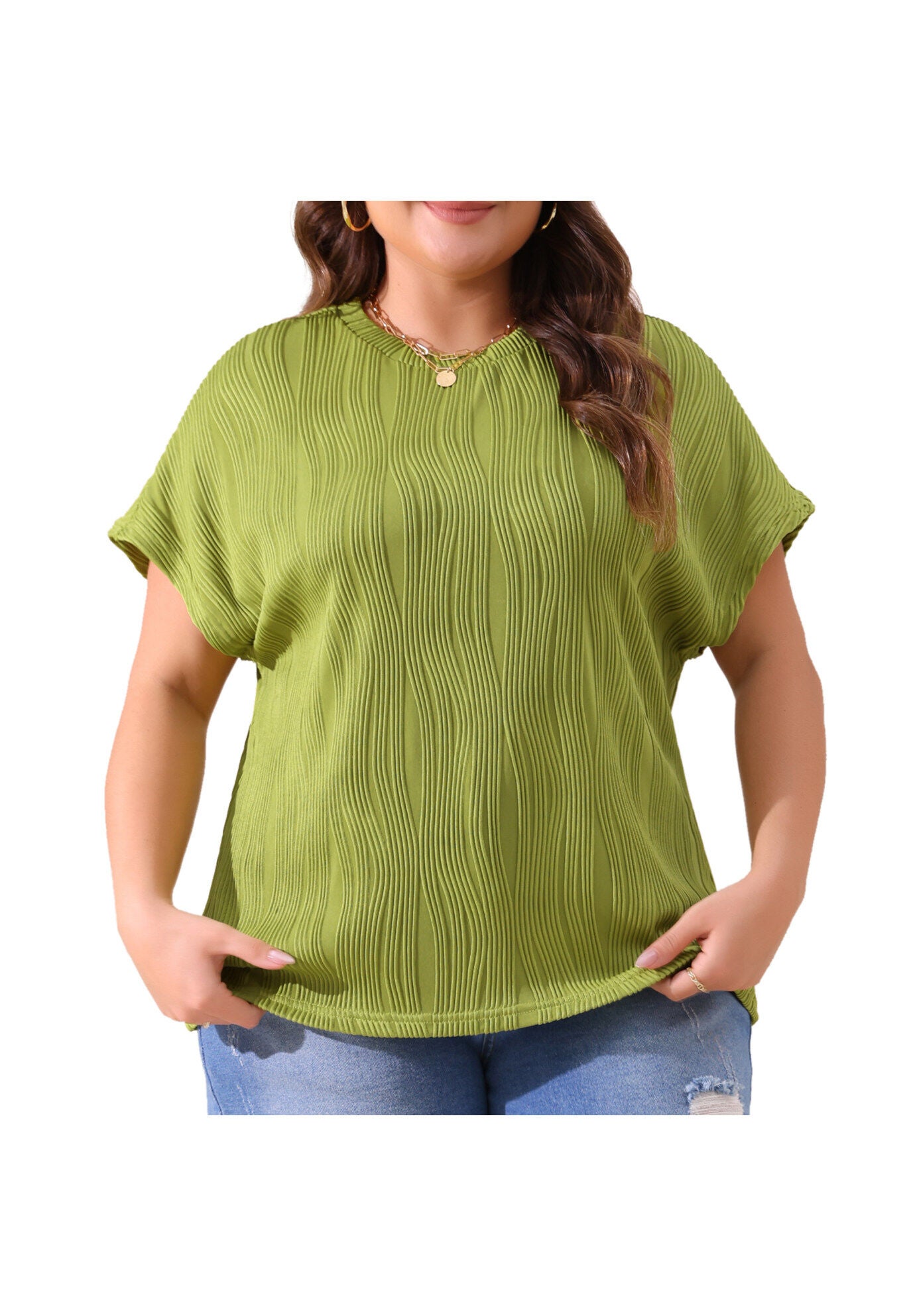 Short Sleeve Textured Top Crewneck T-Shirt, Grass Green / Chartreuse, alternate image number 3