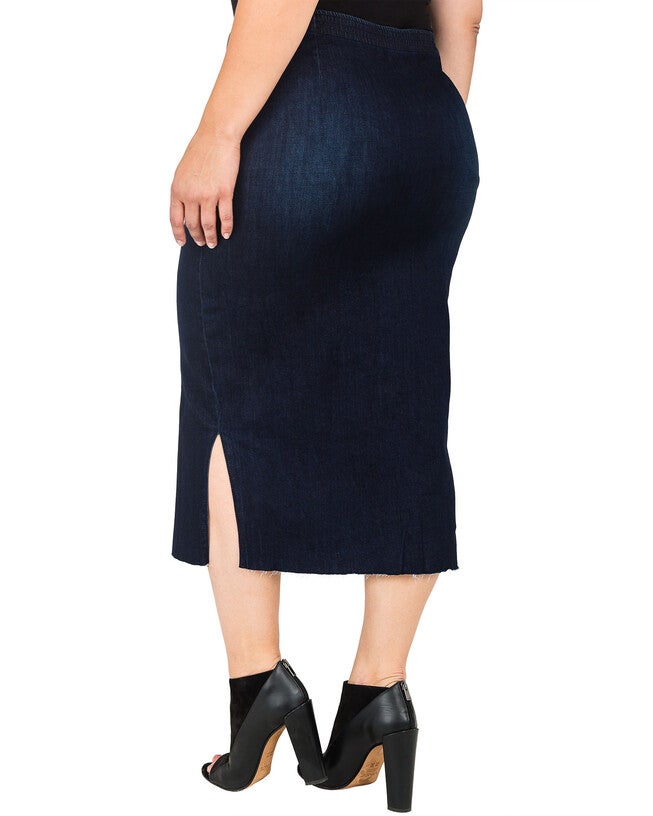 Plus Size Elain Indigo Denim Snap Button Up Midi Pencil Skirt - Frayed Hem, , alternate image number null