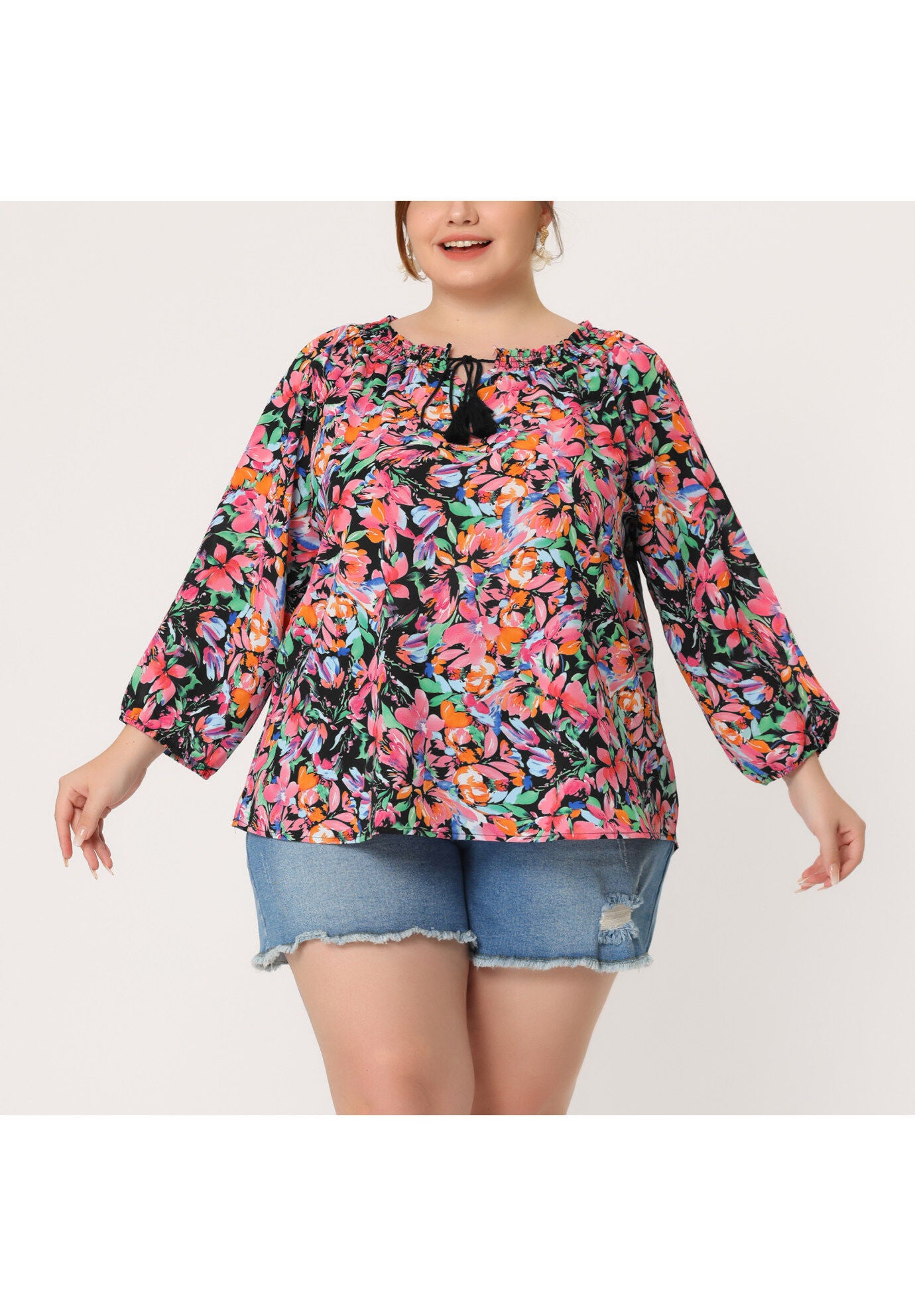 Floral Loose Top Tie 3/4 Sleeve Beach Tunic Blouse, Black / Black, alternate image number 1