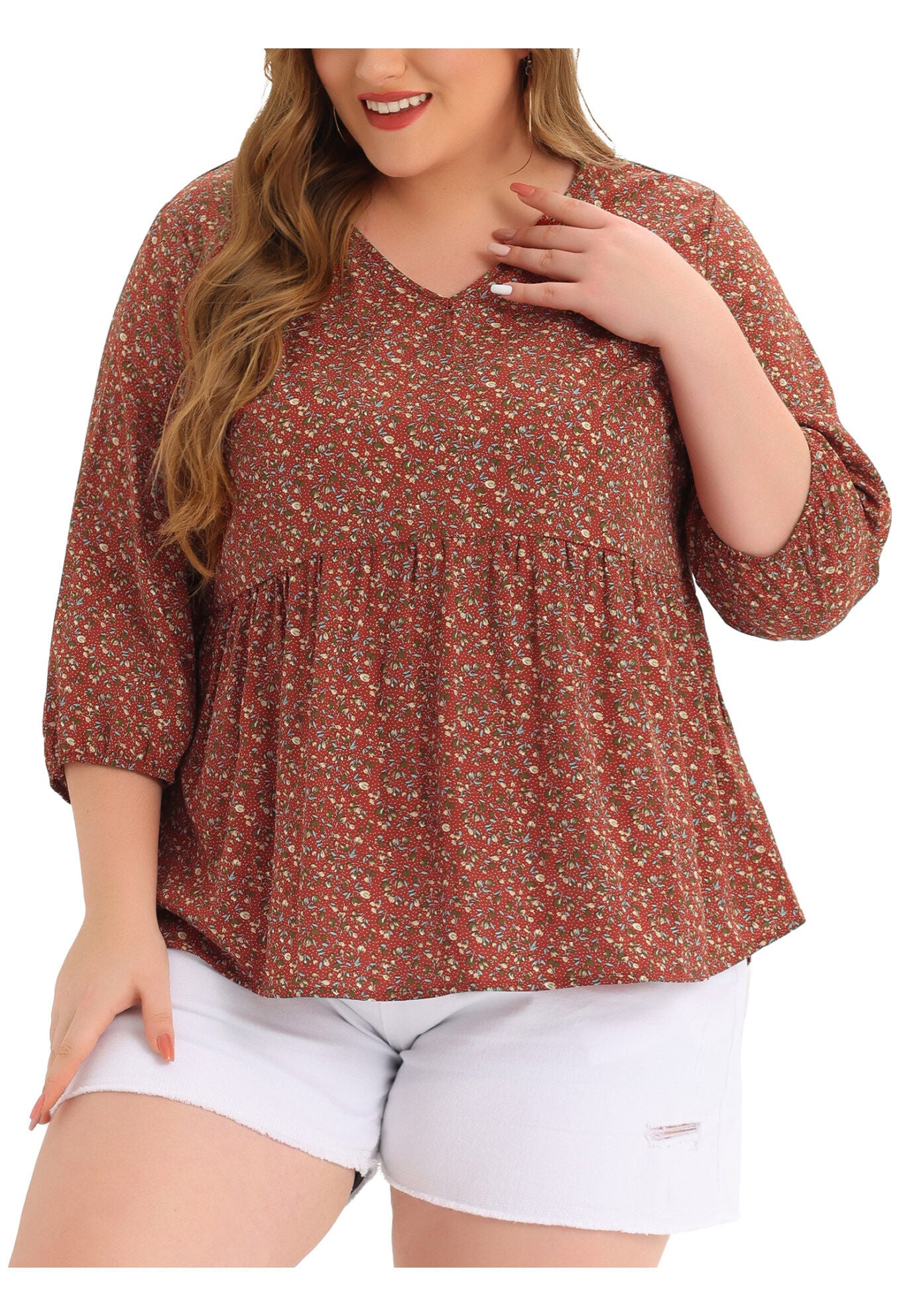 V Neck Babydoll Flowy 3/4 Lantern Sleeve Floral Blouse, Red Brown / Brown, alternate image number 2
