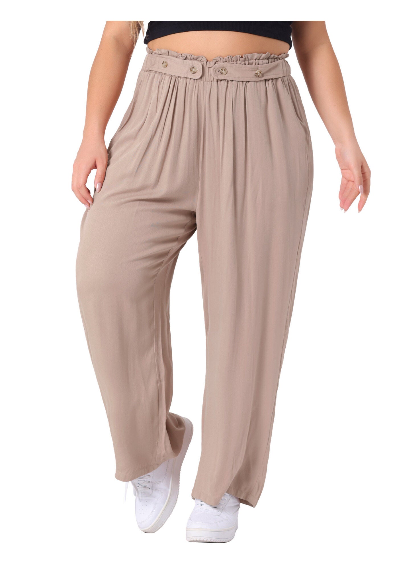 STRETCHY HIGH WAISTED WIDE LEG PALAZZO PANTS, Khaki / Brown, alternate image number 2