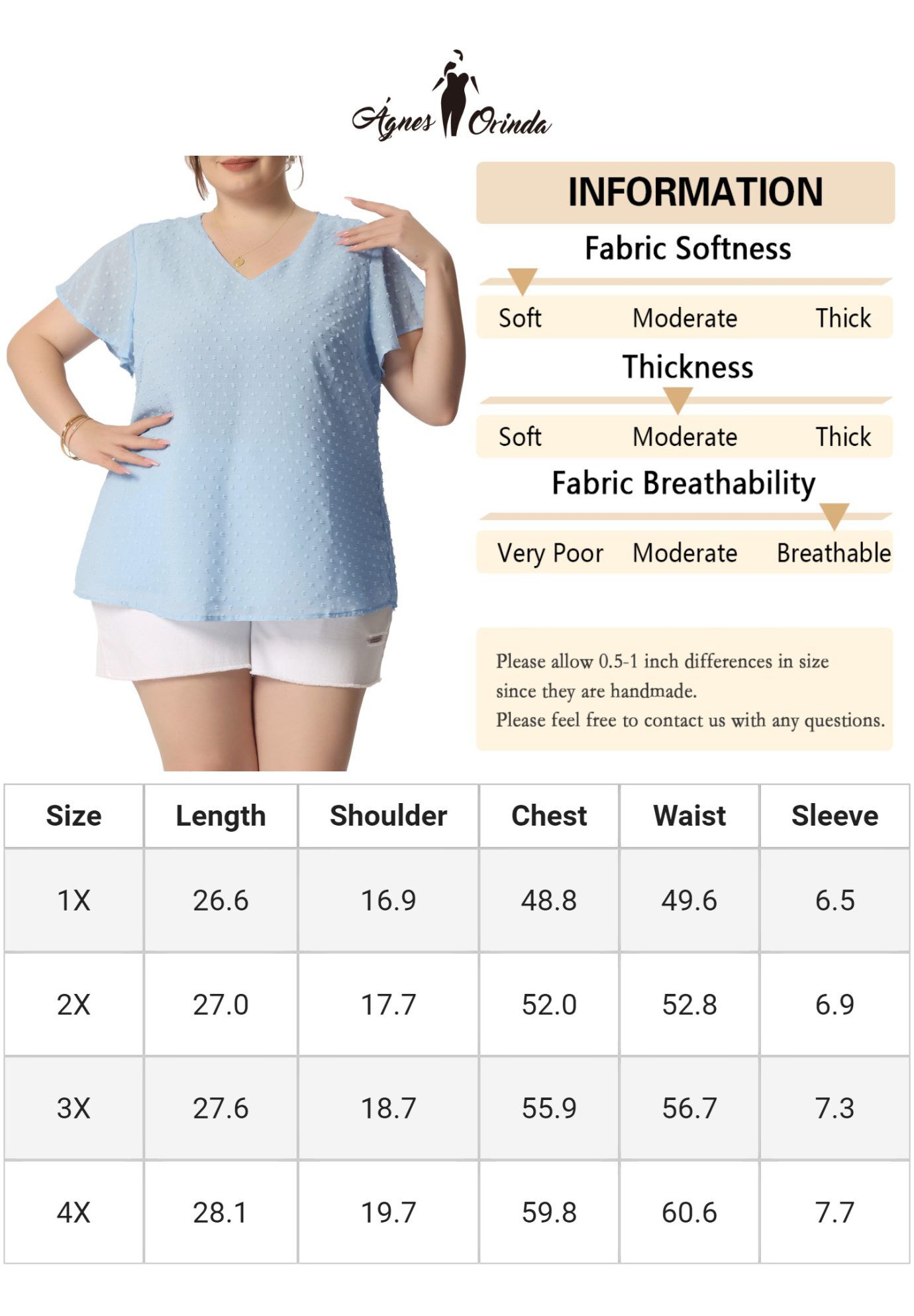 Swiss Dots Blouse V Neck Summer Short Sleeve Casual Top, Sky Blue / Light Blue, alternate image number 4