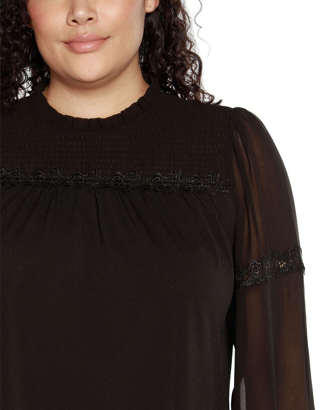 MIXED MEDIA BLOUSON-SLEEVE TOP, Black / Black, alternate image number 3