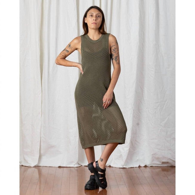 OPEN KNIT DRESS IN OLIVE, , alternate image number null
