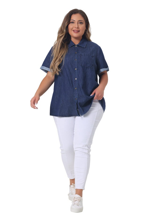 Roll Sleeve Chambray Button Down Denim Shirt, Dark Blue / Navy, hi-res image number 0