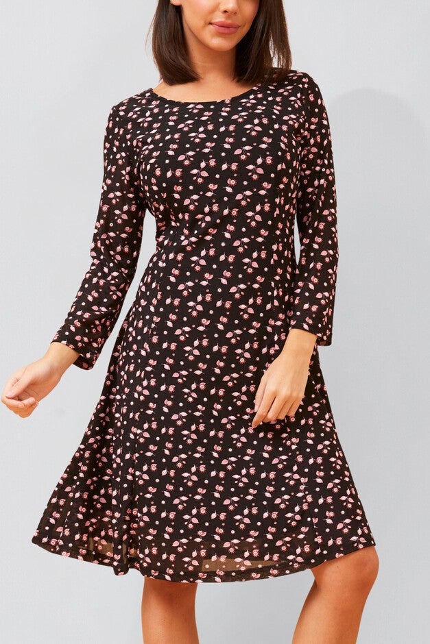 Daisie Black Fit & Flare Mesh Dress Pink Floral Print, BLACK / Black, hi-res image number 0