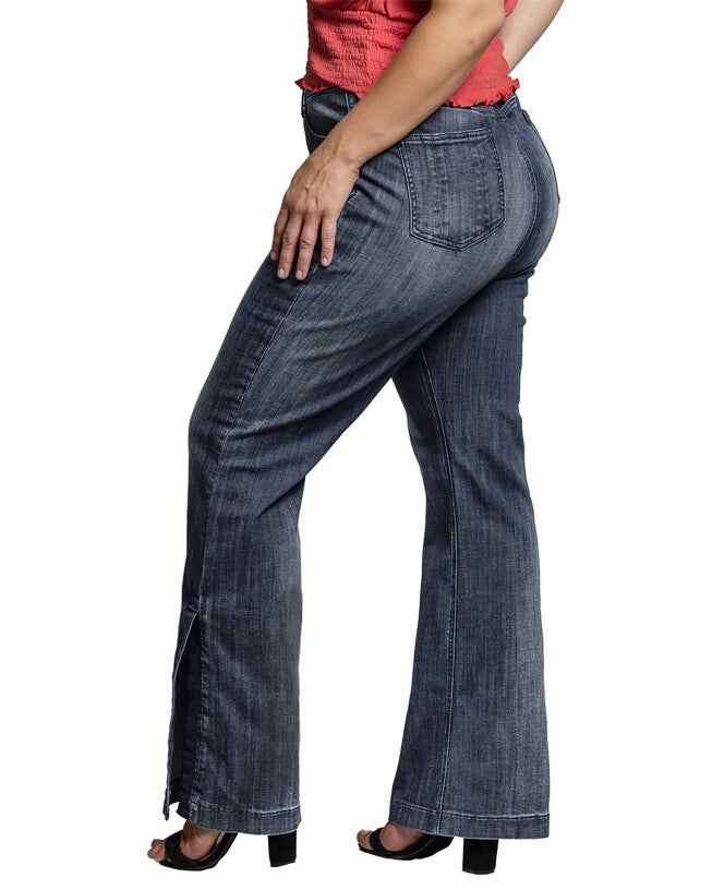 Rainie Light Hand-Sanded Plus Size Stretch Denim High-Waist Slit Hem Jeans Whisker Wash, Medium Blue Whisker / Medium Wash, alternate image number 4