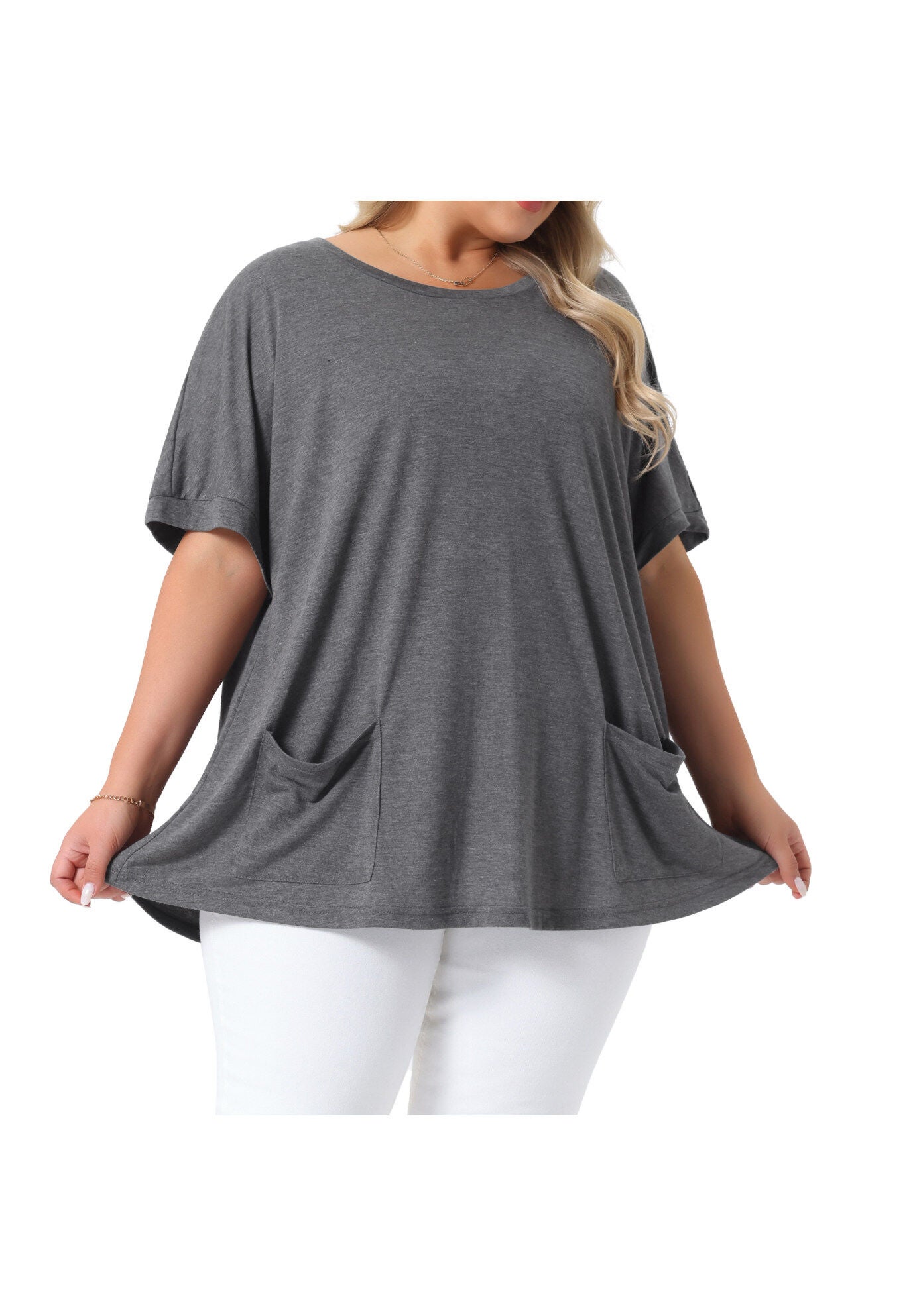 Short Sleeve Top Loose Fit Summer T-Shirt with Pocket, Grey / Charcoal Grey, alternate image number 4