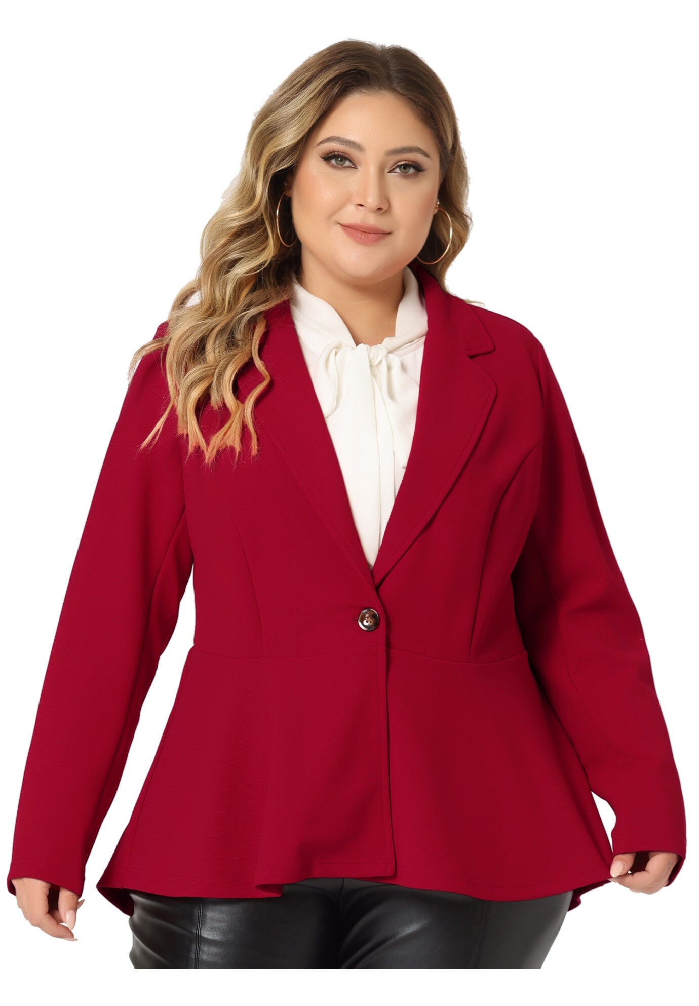 RUFFLE V NECK BUTTON NOTCH PANEL PEPLUM BLAZER, Red / Red, alternate image number 2