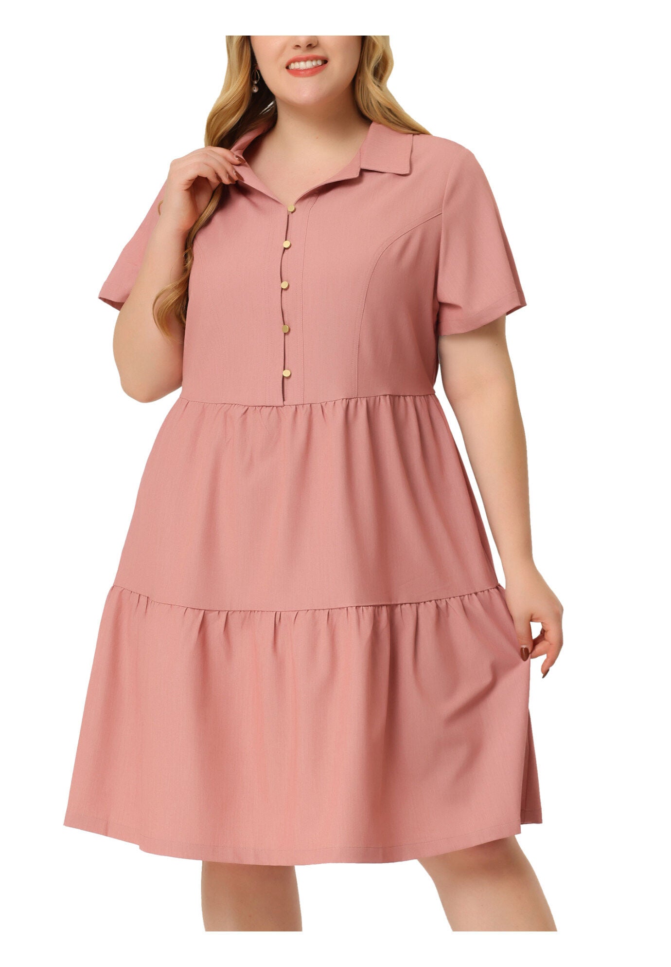 Short Sleeve Button Down Flowy Tiered Shirt Chambray Dress, Pink / Pink, alternate image number 2