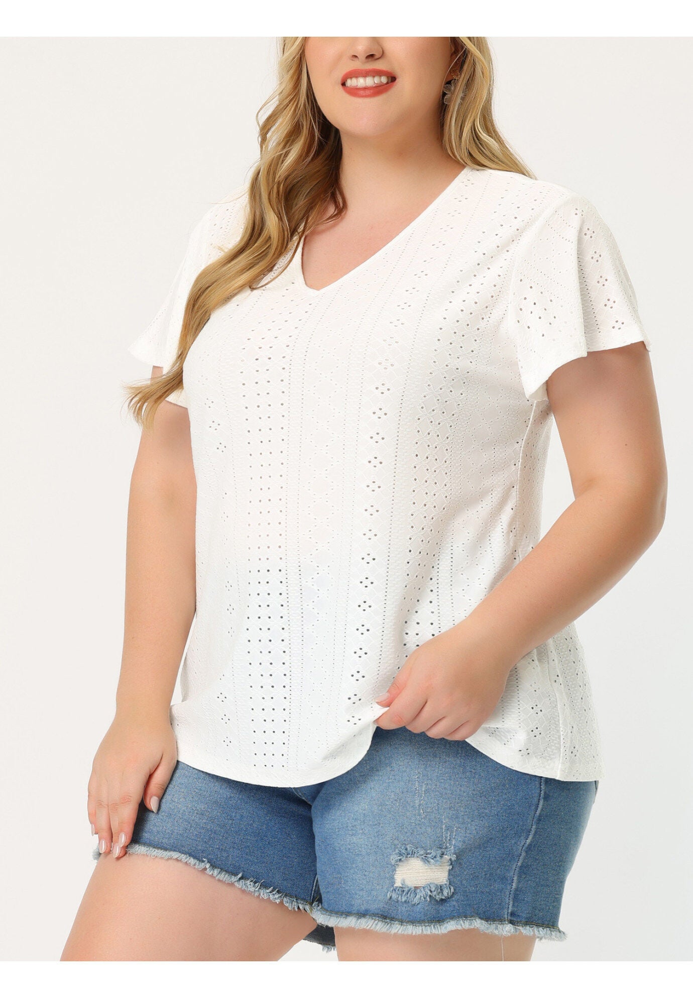 Summer Tee V Neck Hollow Flare Short Sleeve Casual Top Tunic, White / White, alternate image number 1